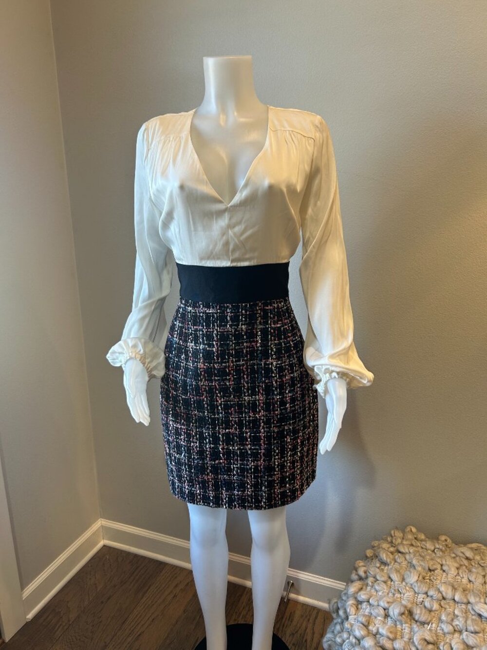 Milly Nicola Silk & Checkered Tweed Dress